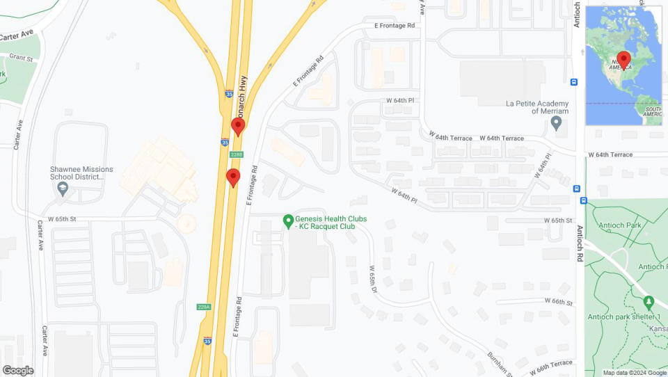 A detailed map that shows the affected road due to 'Broken down vehicle on northbound I-35 in Merriam' on July 26th at 12:53 p.m.