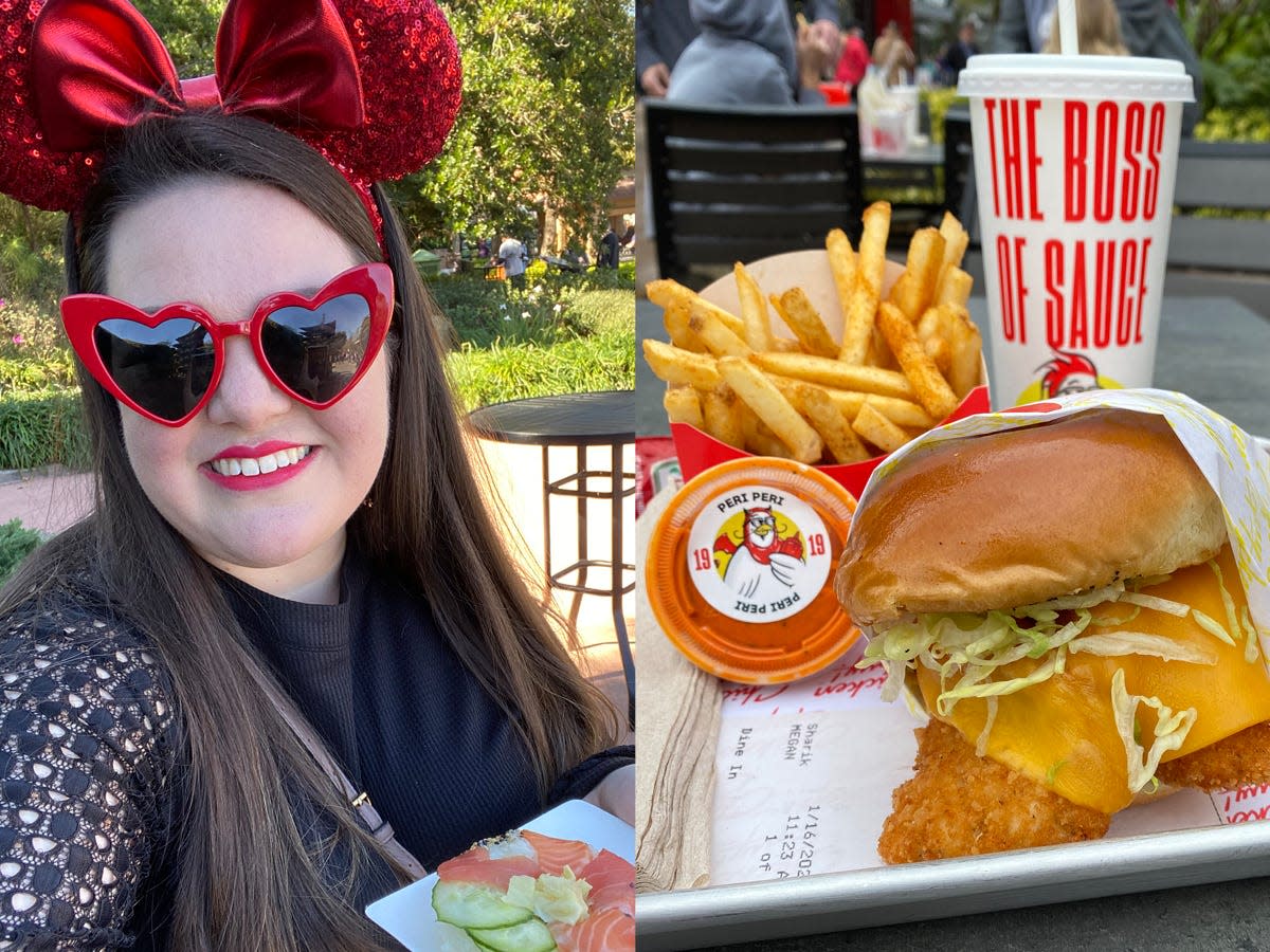 megan posing for a selfie at epcot and a tray of food from chicken guy at disney springs