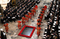 <p>The Yeoman of the Guard arrive in Westminster Abbey during The State Funeral of Queen Elizabeth II on Sept. 19, 2022 in London, England. Elizabeth Alexandra Mary Windsor was born in Bruton Street, Mayfair, London on April 21, 1926. She married Prince Philip in 1947 and ascended the throne of the United Kingdom and Commonwealth on Feb. 6 1952 after the death of her Father, King George VI. Queen Elizabeth II died at Balmoral Castle in Scotland on Sept. 8, 2022, and is succeeded by her eldest son, King Charles III. (Photo by Gareth Cattermole/Getty Images)</p> 