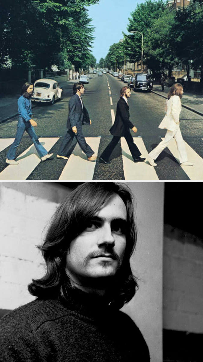 The Beatles' "Abbey Road" album cover; Taylor backstage in 1968