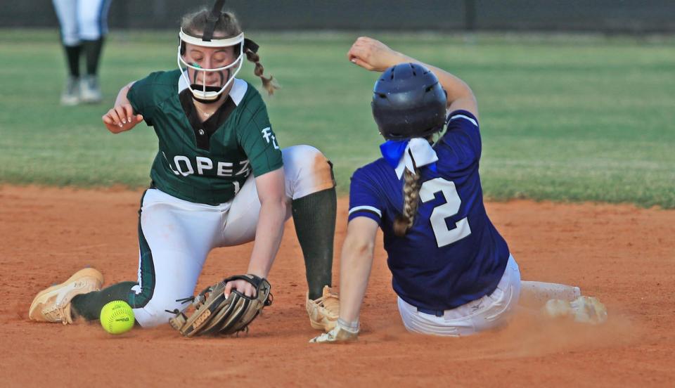 Father Lopez Catholic High School short stop Hannah Wilen (12) catches the ball at second during the district 4-2A softball finals on Thursday, May 2, 2024 hosted by Father Lopez Catholic High School.