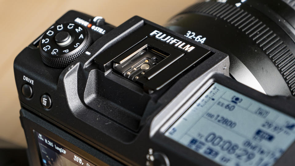Closeup of the Fujifilm GFX100 II's viewfinder slot with no viewfinder attached
