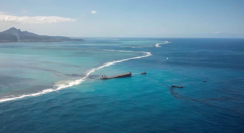 A general view shows the bulk carrier ship MV Wakashio, that ran aground on a reef, at Riviere des Creoles