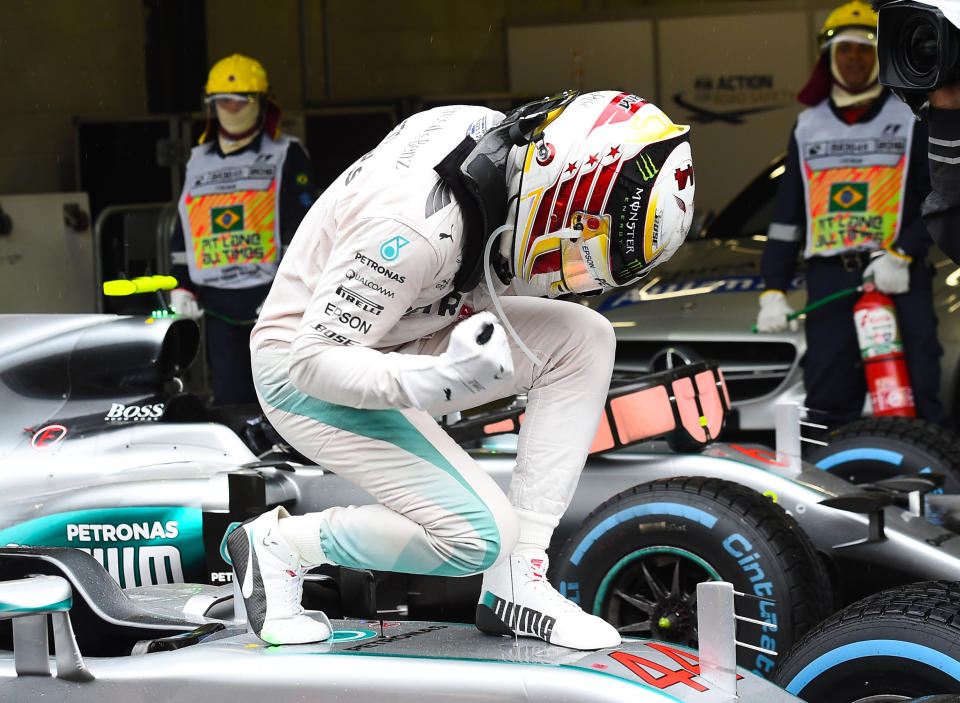 Mind the paintwork: Lewis Hamilton celebrates at the 2016 Brazilian Grand Prix, which he won from pole position