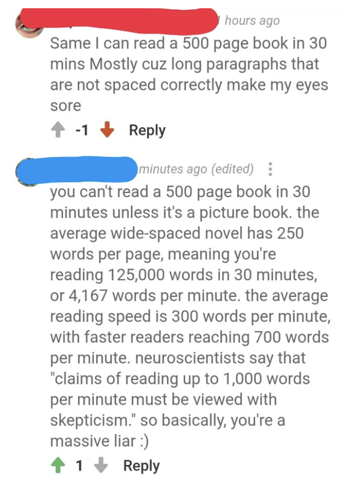 someone using match to tell the original poster that they can't read a 500 page book in 30 min