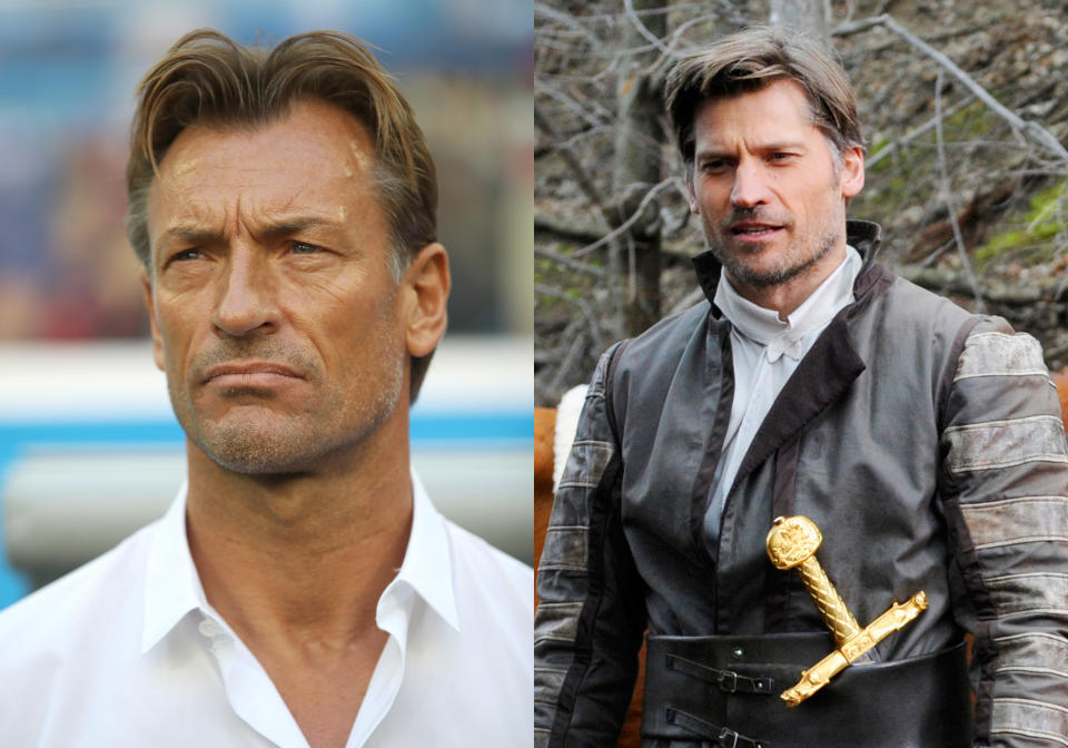 <p>Morocco’s ridiculously good looking coach Herve Renard and <em>Game of Thrones</em> actor Nikolaj Coster-Waldau </p>