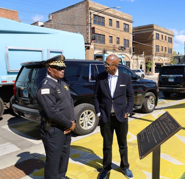 PHOTO: ABC's Pierre Thomas and Chicago Police Superintendent David Brown visited a corner once known as a hot spot for crime that has been transformed by economic initiatives into a basketball court and green space. (John Parkinson/ABC News)