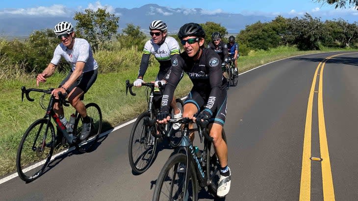 <span class="article__caption">Great road biking (mountain-bike trails as well). Donnie Arnoult leads a group of guests up to the summit. </span>(Photo: Go Cycling Maui)