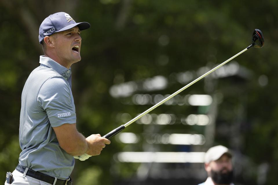 Captain Bryson DeChambeau of Crushers GC yells on the 10th hole during the second round of LIV Golf tournament at The Greenbrier, Saturday, Aug. 5, 2023 in White Sulfur Springs, W.Va. (Photo by Scott Taetsch/LIV Golf via AP)