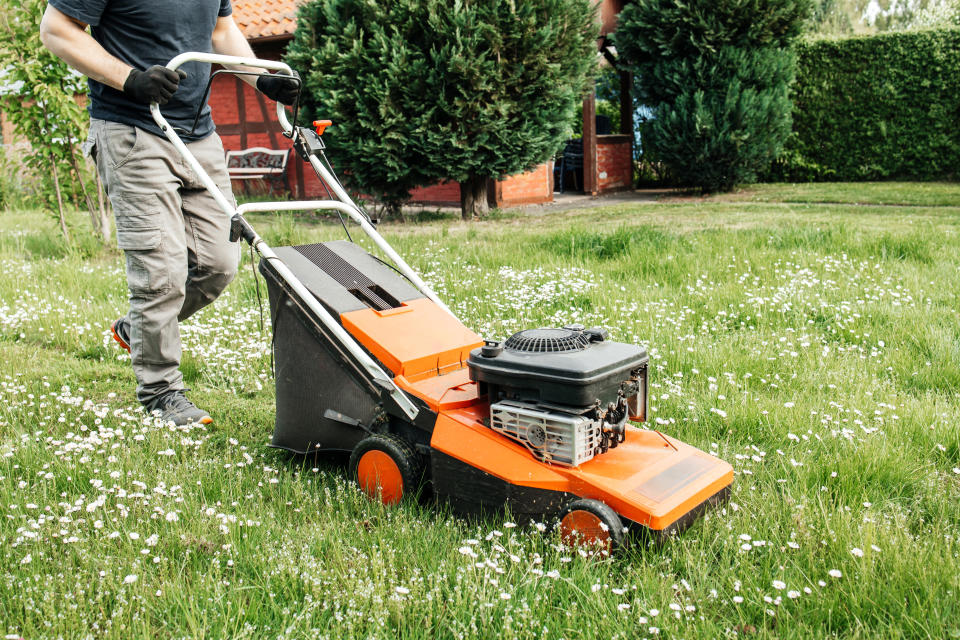 Person mowing grass with a lawnmower in a garden, wearing gloves and outdoor clothes