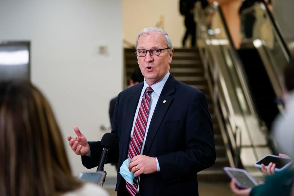 Sen. Kevin Cramer, R-N.D., speaks to reporters on Capitol Hill in Washington, Saturday, Feb. 13, 2021, on the fifth day of the second impeachment trial of former President Donald Trump.