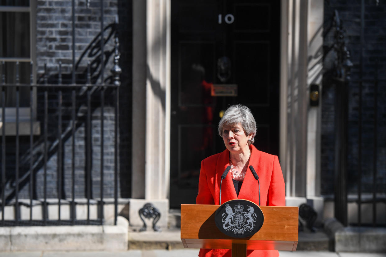 Theresa May, U.K. prime minister, delivers a speech announcing her resignation outside number 10 Downing Street in London, U.K., on Friday, May 24, 2019. May said she will step down on June 7. Photographer: Chris J. Ratcliffe/Bloomberg via Getty Images