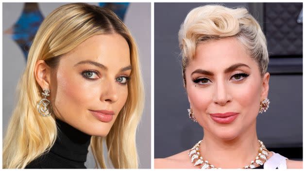 Margot Robbie, left, said she'd be “so happy” to pass Harley Quinn's sledgehammer on to Lady Gaga, right. (Photo: David Parry - PA Images via Getty Images/Frazer Harrison via Getty Images)