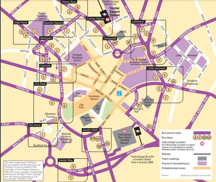 Bradford Telegraph and Argus: The map showing the new bus stops and routes in the city centre