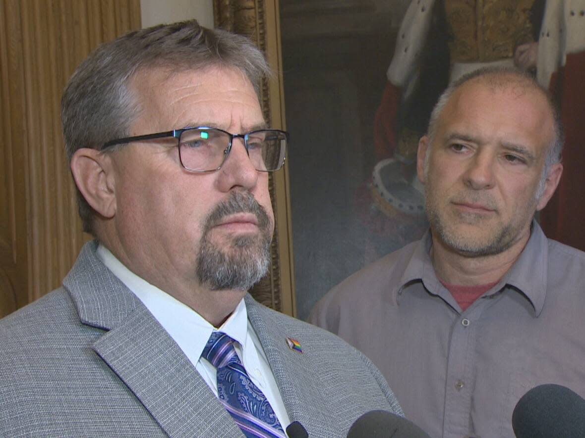 Education Minister Bill Hogan answered questions from reporters Friday at the legislature about his review of Policy 713, which has provisions to create a safe learning environment for LGBTQ students. (Patrick Richard/CBC - image credit)