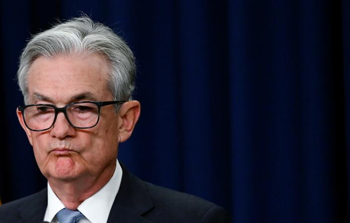 Fed Chair Jerome Powell looks on at a news conference on interest rates, the economy, and monetary policy actions on inflation on June 15, 2022. (Photo by Olivier DOULIERY/AFP)