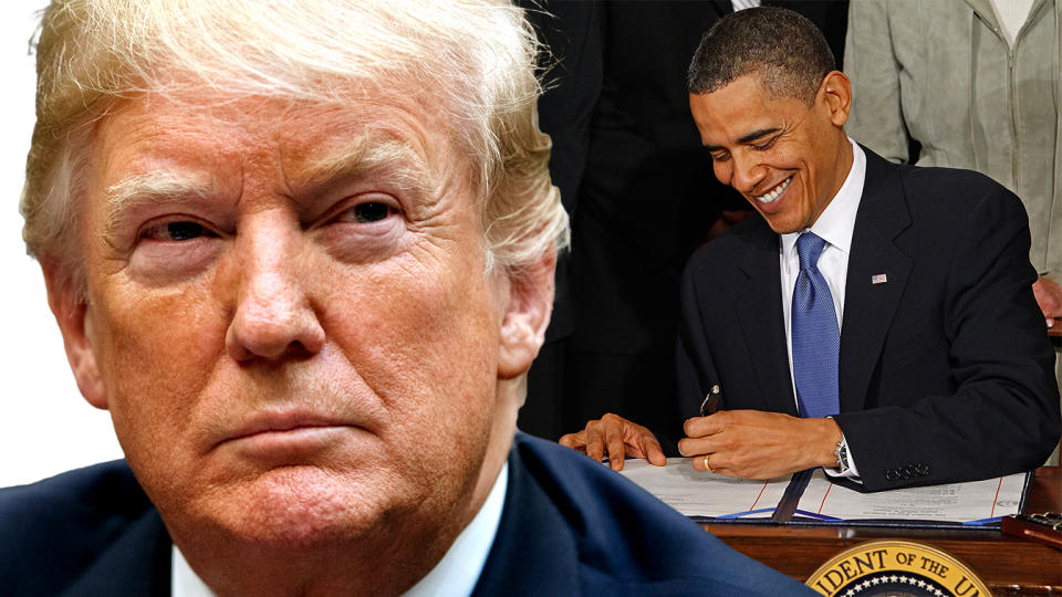 President Trump; and, President Barack Obama signs the Affordable Health Care for America Act in 2010. (Photo illustration: Yahoo News; photos: AP, Chip Somodevilla/Getty Images)