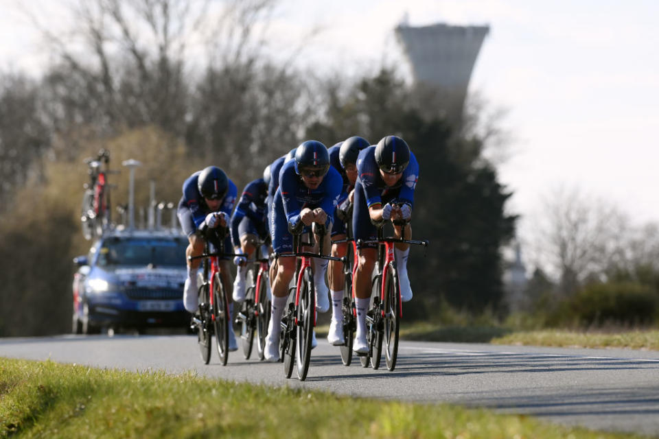 DAMPIERRE FRANCE  MARCH 07 David Gaudu of France and Team Groupama  FDJ sprints during the 81st Paris  Nice 2023  Stage 3 a 322km team time trial from Dampierre en Burly to Dampierre en Burly  ParisNice  on March 07 2023 in Dampierre France Photo by Alex BroadwayGetty Images