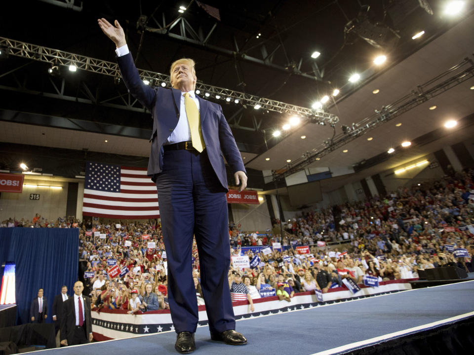 President Donald Trump speaks during his Keep America Great Rally at the Civic Center in Lake Charles, La., Friday, Oct. 11, 2019. (Rick Hickman/American Press via AP)