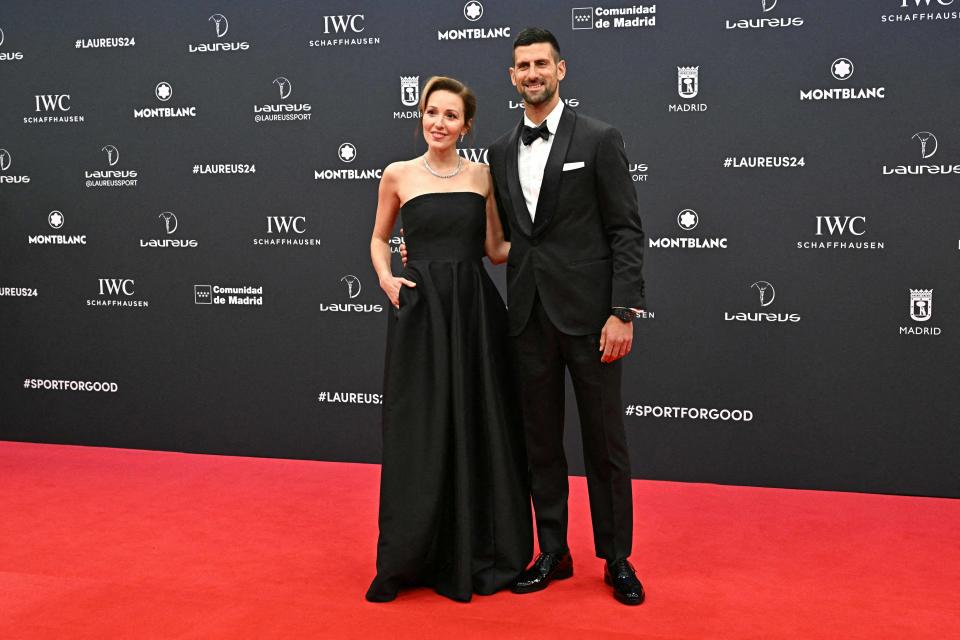 Novak Djokovic and wife Jelena djokovic at the 2024 Laureus World Sports Awards on April 22 in Madrid. Serbia's tennis player Novak Djokovic and his wife Jelena pose on the Red Carpet ahead of the 25th Laureus World Sports Awards gala in Madrid on April 22, 2024. (Photo by JAVIER SORIANO / AFP) (Photo by JAVIER SORIANO/AFP via Getty Images)