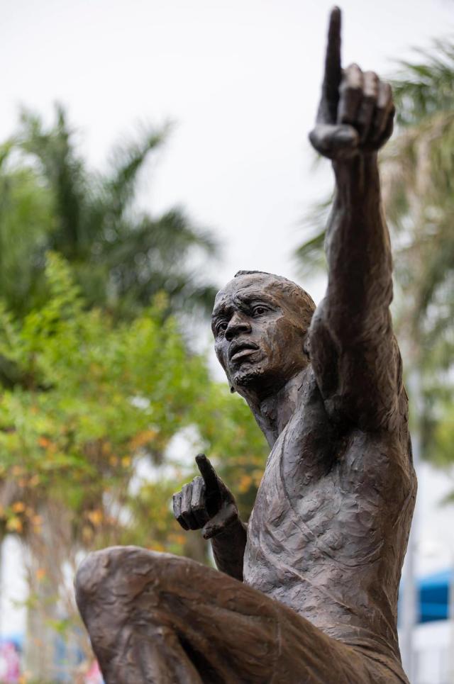 A view of the newly unveiled bronze sculpture of Olympic gold medalist Usain Bolt at the Ansin Sports Complex on Saturday, July 15, 2023, in Miramar, Fla.