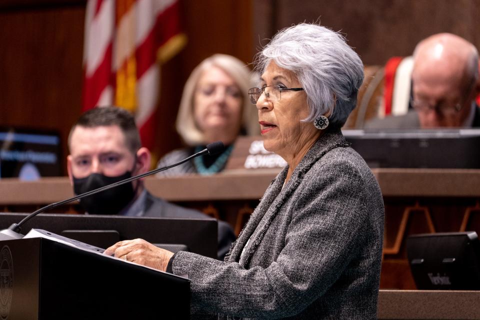 Colorado River Indian Tribes Chairwoman Amelia Flores speaks during the 27th Annual Indian Nations and Tribes Legislative Day at the House of Representatives at the state Capitol on Jan. 12, 2022.