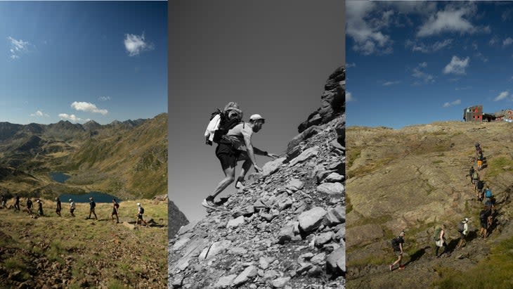 A group or runners enjoys the mountains in a three part photo