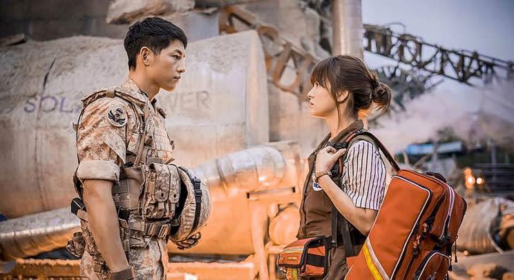 Song Joong-ki (left) and Song Hye-kyo in Korean drama series &quot;Descendants of the Sun&quot;.