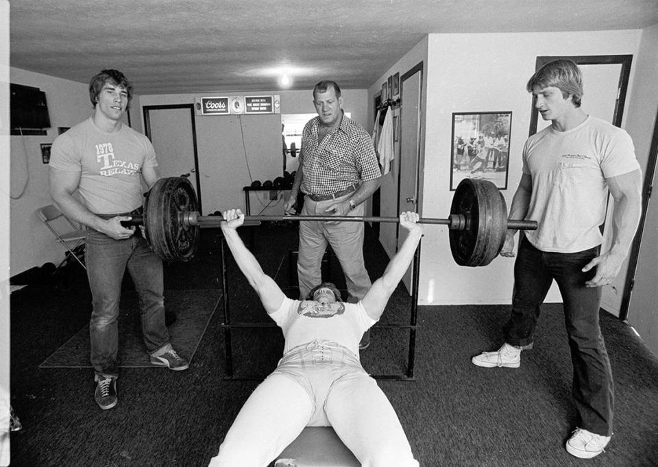 March 15, 1980: Pictured in their family home are Fritz Von Erich (center, standing) with his sons (from left) Kerry, David, and Kevin.