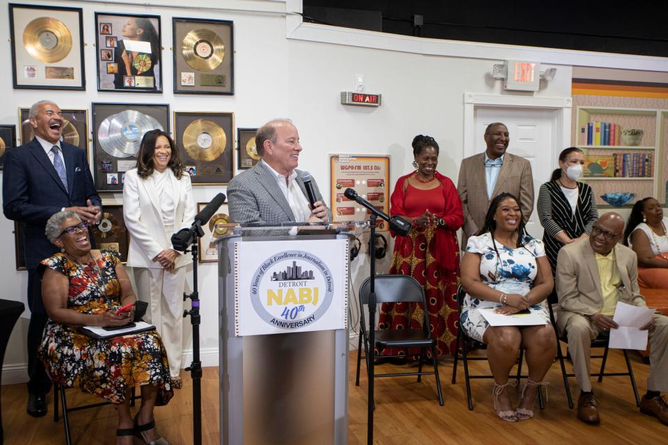 Mayor Mike Duggan speaks at the Detroit National Association of Black Journalists press conference as NABJ celebrates their 40 year anniversary at WGPR Broadcast Museum in Detroit on August 18, 2022.