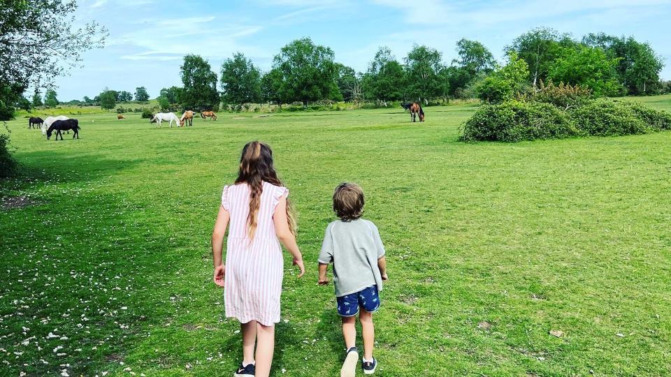 Theo and Amelia admiring horses in a field