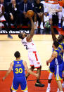 Kawhi Leonard #2 of the Toronto Raptors attempts a jump shot against the Golden State Warriors in the third quarter during Game 1 of the 2019 NBA Finals at Scotiabank Arena on May 30, 2019 in Toronto. (Photo by Vaughn Ridley/Getty Images)