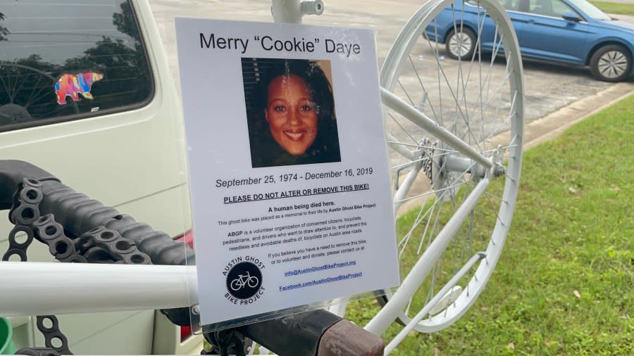 Merry “Cookie” Daye is one of the cyclists memorialized by the Austin Ghost Bike Project. She was killed on Cameron Road in December 2019. (KXAN Photo/Kelsey Thompson)