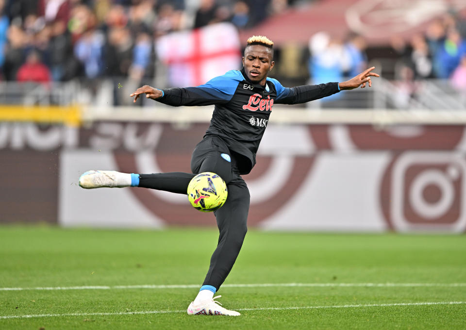 TURIN, ITALY - MARCH 19: Victor Osimhen of SSC Napoli during warm up ahead of the Serie A match between Torino FC and SSC Napoli at Stadio Olimpico di Torino on March 19, 2023 in Turin, Italy. (Photo by Chris Ricco/Getty Images)