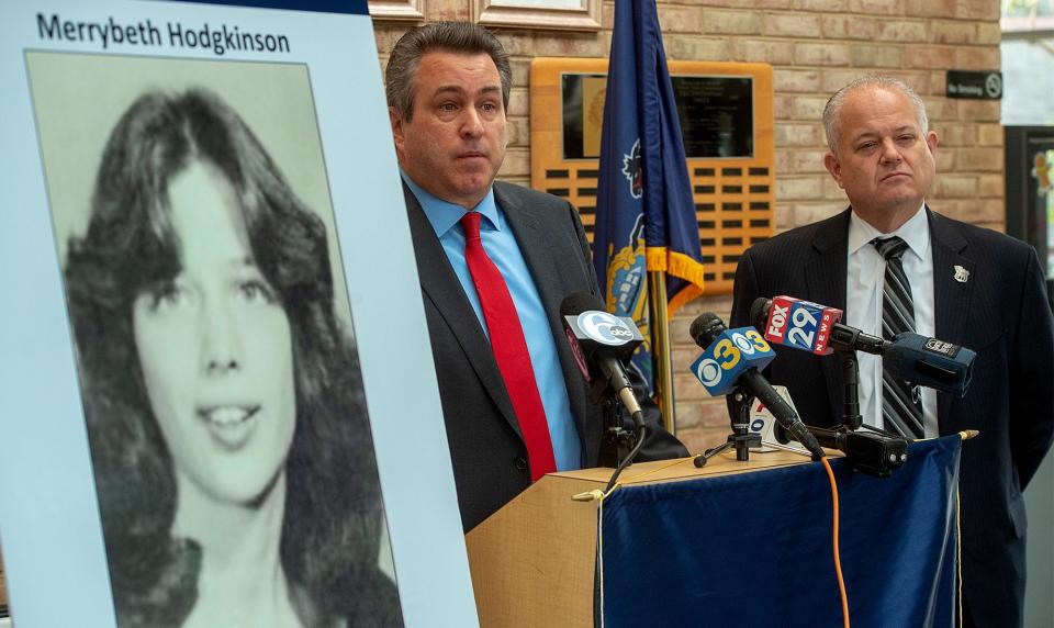 Bensalem Township Police Detective Chris McMullin, at podium, along with Bensalem Township Director of Public Safety Fred Harran, conducted a press conference on Tuesday, Dec. 21, 2021, regarding the Merrybeth Hodgkinson cold case.