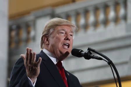 U.S. President Donald Trump speaks at the Utah State Capitol, where he announced big cuts to Utah's sprawling wilderness national monuments, in Salt Lake City, Utah, U.S., December 4, 2017. REUTERS/Kevin Lamarque