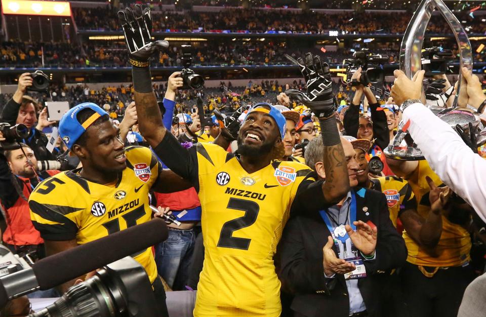 Missouri wide receiver L'Damian Washington (2) celebrates a 41-31 win against Oklahoma State in the Cotton Bowl in January 2014.