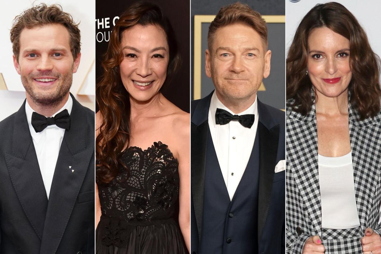 HOLLYWOOD, CALIFORNIA - MARCH 27: Jamie Dornan attends the 94th Annual Academy Awards at Hollywood and Highland on March 27, 2022 in Hollywood, California. (Photo by Jeff Kravitz/FilmMagic); BEVERLY HILLS, CALIFORNIA - SEPTEMBER 21: Michelle Yeoh attends Will Rogers Motion Picture Pioneers Foundation's 2022 Pioneer Dinner Honoring Barbara Broccoli and Michael G. Wilson at The Beverly Hilton on September 21, 2022 in Beverly Hills, California. (Photo by Alberto E. Rodriguez/Getty Images,); HOLLYWOOD, CALIFORNIA - MARCH 27: Kenneth Branagh, winner of the Oscar for Original Screenplay for “Belfast”, poses in the press room during the 94th Annual Academy Awards at Hollywood and Highland on March 27, 2022 in Hollywood, California. (Photo by Jeff Kravitz/FilmMagic); NEW YORK, NEW YORK - JUNE 11: Actress, writer Tina Fey attends the Tribeca TV panel premiere during the 2021 Tribeca Festival at Spring Studios on June 11, 2021 in New York City. (Photo by Jim Spellman/Getty Images)