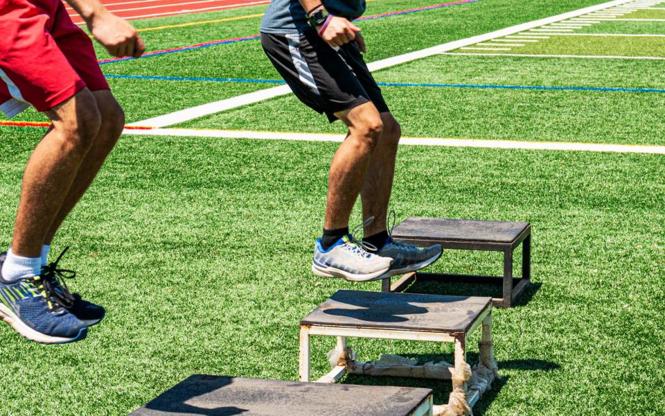 A plyo jump involves jumping or stepping from a box or step, landing and then jumping
