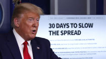 President Donald Trump speaks about the coronavirus in the James Brady Press Briefing Room of the White House, Tuesday, March 31, 2020, in Washington. (AP Photo/Alex Brandon)