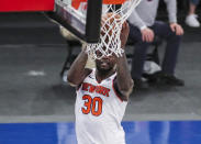 New York Knicks forward Julius Randle makes a jump shot against the Atlanta Hawks to give the Knicks the lead in the fourth quarter of an NBA basketball game Wednesday, April 21, 2021, in New York. (Wendell Cruz/Pool Photo via AP)