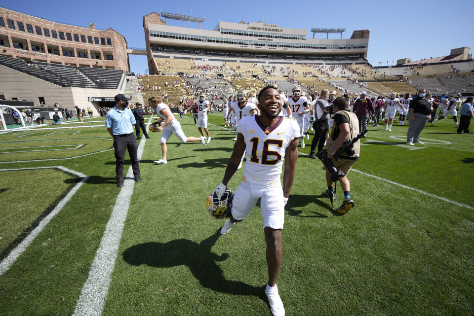 Minnesota defensive back Coney Durr celebrates after an NCAA college football game against Colorado, Saturday, Sept. 18, 2021, in Boulder, Colo. Minnesota won 30-0. (AP Photo/David Zalubowski)