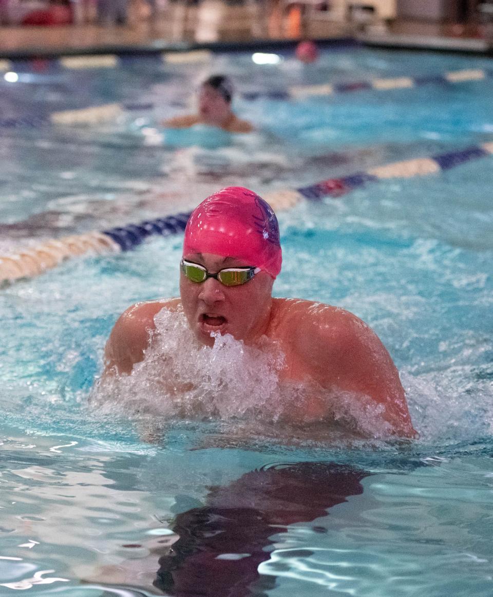 Max Little, of Washington High School, competes in the Boys 200 Yard IM during the Escambia County Championship swim meet at Booker T. Washington High School in Pensacola on Thursday, Oct. 12, 2023.