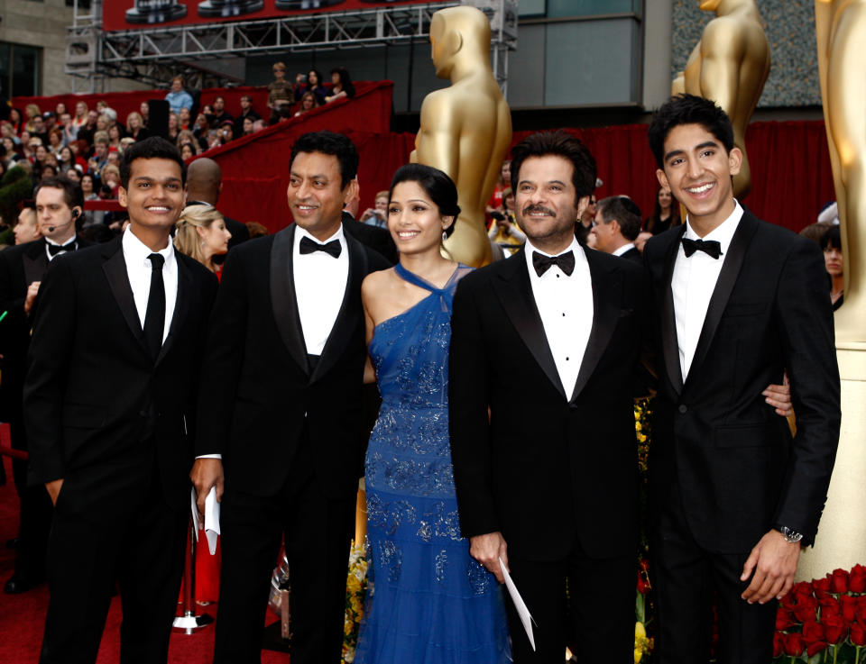 From left, actor Madhur Mittal, actor Irrfan Khan, actress Freida Pinto, actor Anil Kapoor and actor Dev Patel arrive for the 81st Academy Awards Sunday, Feb. 22, 2009, in the Hollywood section of Los Angeles. (AP Photo/Matt Sayles)