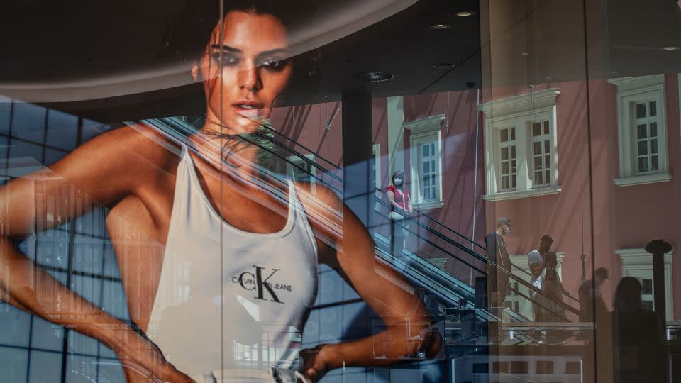 A Calvin Klein campaign ad featuring Kendall Jenner is seen inside the Palladium Praha shopping mall in Prague, Czech Republic, on May 18, 2020. - Milan Jaros/Bloomberg/Getty Images