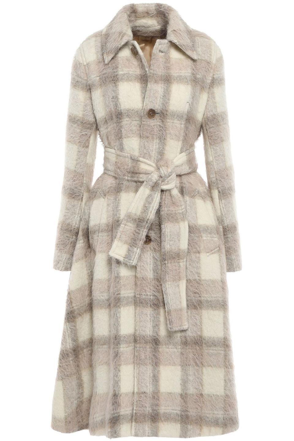 27) Belted checked brushed-woven coat