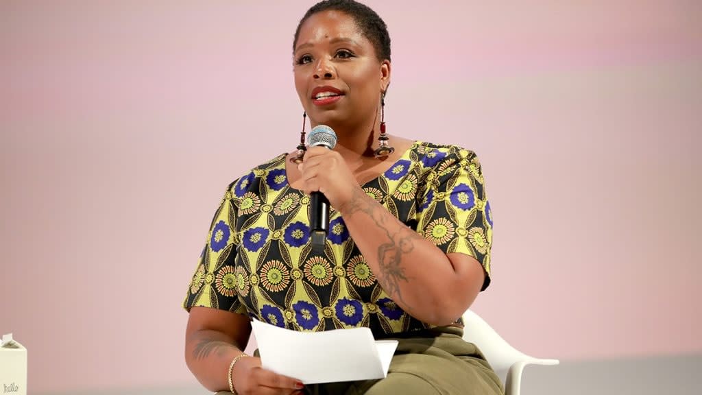 Patrisse Cullors speaks on stage at the Teen Vogue Summit 2019 at Goya Studios on November 02, 2019 in Los Angeles, California. (Photo by Rich Fury/Getty Images for Teen Vogue)