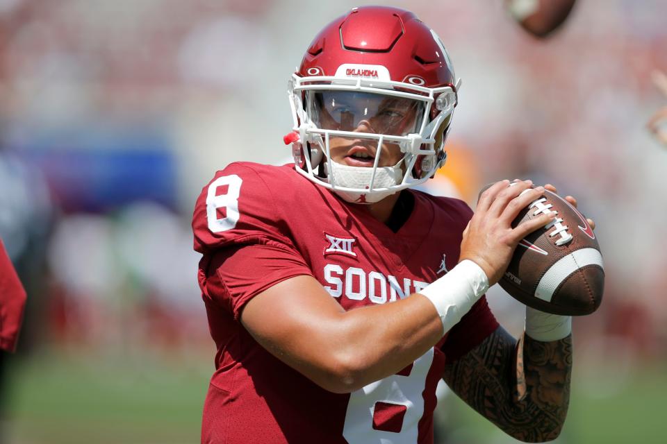 Oklahoma’s Dillon Gabriel (8) before during a college football game between the University of Oklahoma Sooners (OU) and the UTEP Miners at Gaylord Family-Oklahoma Memorial Stadium in Norman, Okla., Saturday, Sept. 3, 2022. Oklahoma won 45-13. USA TODAY Sports