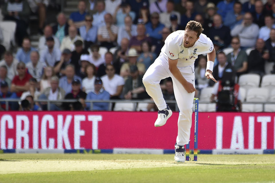 England's Ollie Robinson bowls a delivery during the first day of the third Ashes Test match between England and Australia at Headingley, Leeds, England, Thursday, July 6, 2023. (AP Photo/Rui Vieira)