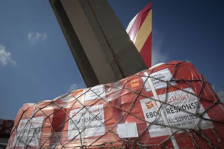 Pallets of supplies wait to be loaded on a 747 aircraft at New York's John F. Kennedy International Airport September 20, 2014. REUTERS/Carlo Allegri
